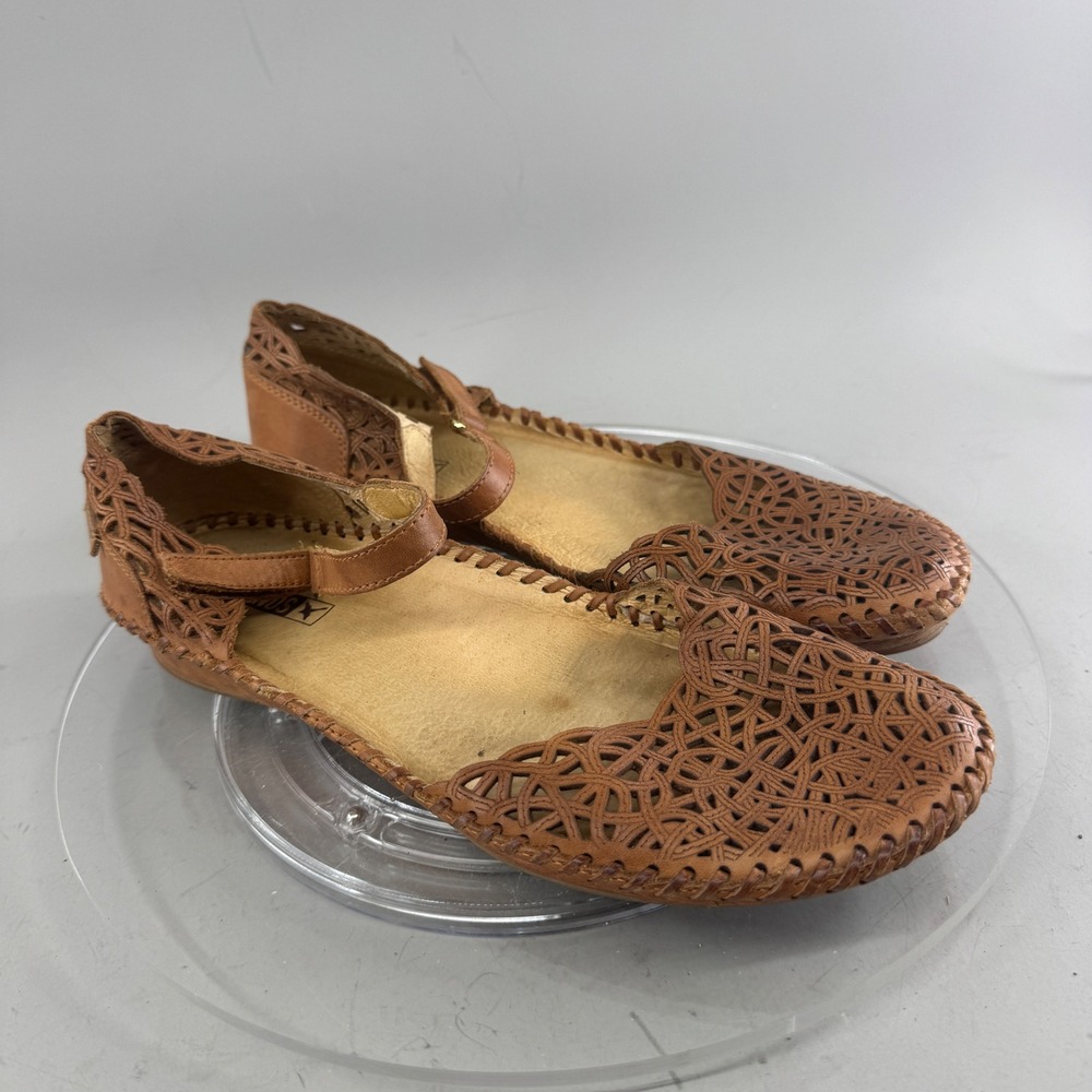Pikolinos Womens Leather Woven Mary Jane Flats Laser Cut Tan Brown Size 39